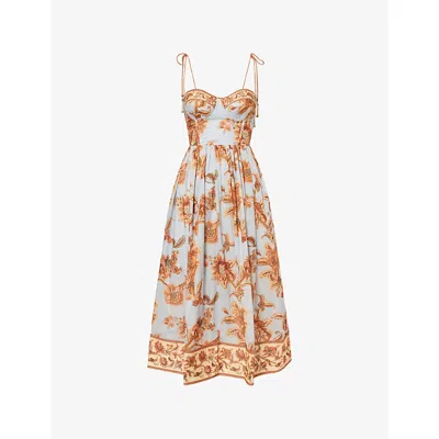Zimmermann Womens Blue Jacobean Aster Corseted Printed Cotton Midi Dress In Multi