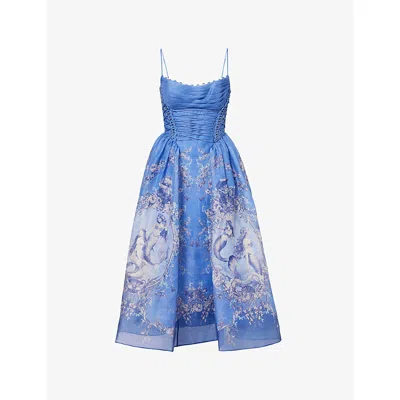 Zimmermann Womens Blue Mermaid Rebellion Beaded Picnic Linen And Silk Maxi Dress Xxs