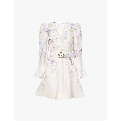 Zimmermann Kindred Spirit Luna Long Sleeve Linen Minidress In Multi