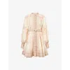 Zimmermann Illuminate Beige Mini Dress With Belted Waist And All-over Floral Print In Linen Woman In Coral Floral
