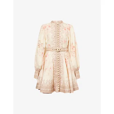 ZIMMERMANN WOMENS CORAL FLORAL ILLUMINATE BUTTON-UP LINEN MINI DRESS