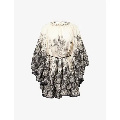 ZIMMERMANN WOMENS CREAM BLACK FLORAL RHIANNON LANTERN SILK MINI DRESS