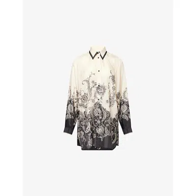 Zimmermann Womens Cream Black Floral Rhiannon Relaxed-fit Silk Shirt