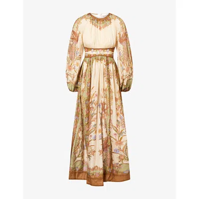 Zimmermann Womens Cream Khaki Scarf Floral Indra Waisted Cotton And Linen Blend Maxi Dress Xs In Animal Print