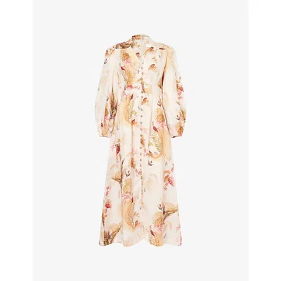 Zimmermann Womens Cream Palm Floral Ascension Plunge Linen Midi Dress In Neutral
