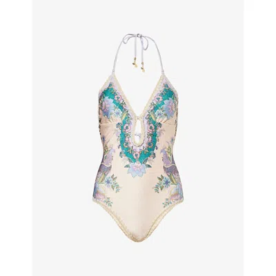 ZIMMERMANN WOMENS CREAM SCARF FLORAL INDRA CROCHET-DETAIL ONE-PIECE SWIMSUIT XS