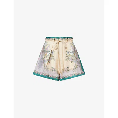 Zimmermann Womens Cream Scarf Floral Indra Tuck Printed Linen Shorts In Black