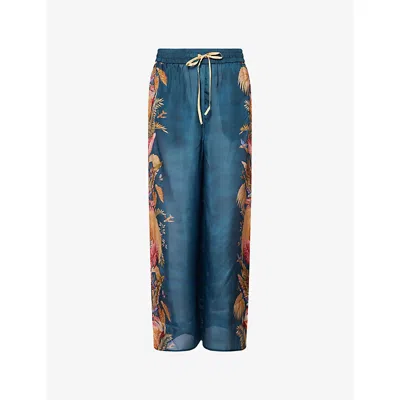 Zimmermann Womens Dark Blue Palm Floral Ascension Relaxed-fit Silk Trousers