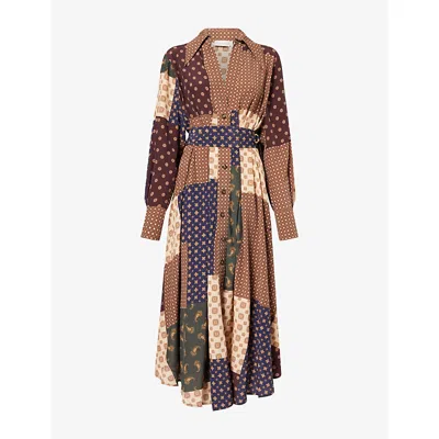 Zimmermann Womens Geo Patch Print Tuck Patch-print Silk-blend Midi Dress In Multi