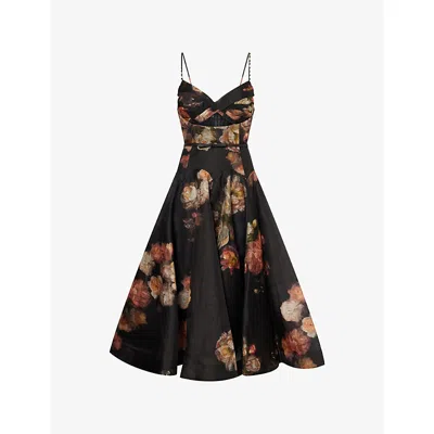 Zimmermann Womens Russet Floral Hypnotic Twist Linen And Silk Midi Dress Xs