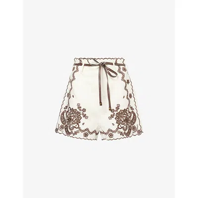 Zimmermann Womens Ivory Chocolate Ascension Embroidered Linen Shorts Xs