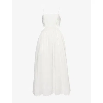 ZIMMERMANN WOMENS IVORY RHIANNON SCALLOPED-TRIMS LINEN MIDI DRESS XL