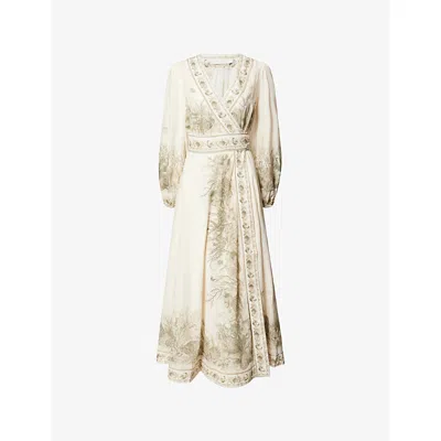Zimmermann Womens Khaki Toile Wanderlust Wrap Cotton Midi Dress Xxs In White