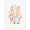 Zimmermann Ascension Light Blue Mini Dress With Flared Skirt And All-over Print In Linen Woman In Neutral