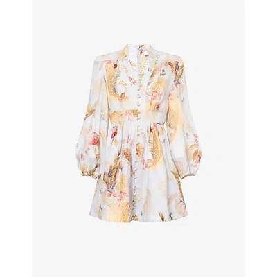 Zimmermann Womens Light Blue Palm Floral Ascension Plunge Linen Mini Dress Xl