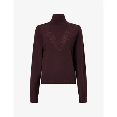 Zimmermann Womens Mahogany Valiant Lace-insert Merino Wool Jumper Xl In Brown