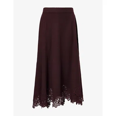 Zimmermann Womens Mahogany Valiant Lace-trim Wool Midi Skirt