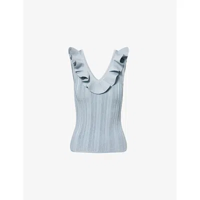 ZIMMERMANN WOMENS METALLIC BLUE ASTER METALLIC FRILLED RIB-KNIT TOP XL