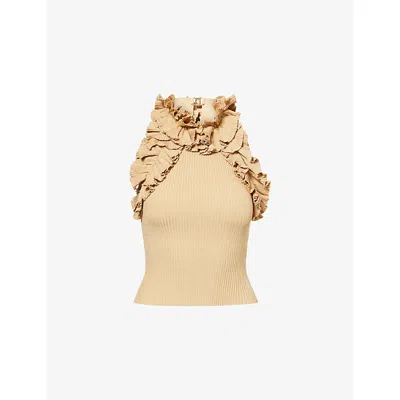Zimmermann Womens Metallic Gold Luna Ruffled Metallic Rib-knit Top Xs In Nude