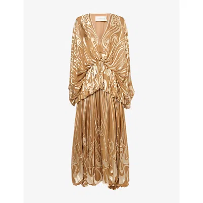 Zimmermann Womens Momentum Burnout Bubble Silk Gown Tan Art Nouveau In Brown
