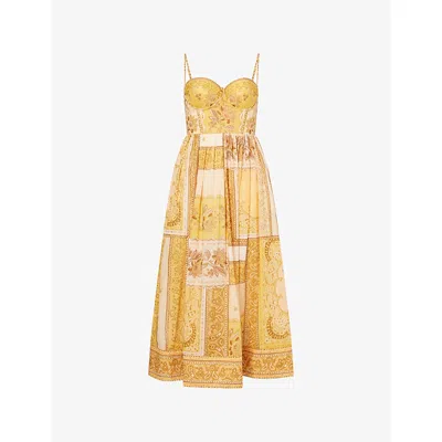 ZIMMERMANN WOMENS MUSTARD BANDANA LUCKY CORSET COTTON MIDI DRESS