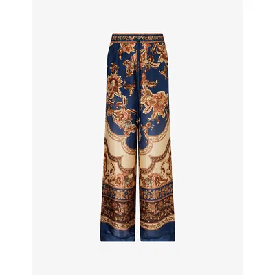 Zimmermann Womens Navy Jacobean Aster Wide-leg Silk Trousers In Multi