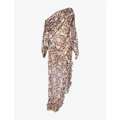 Zimmermann Womens Navy Toile Valiant Asymmetric-ruffle Woven Maxi Dress In Brown