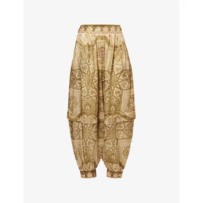 ZIMMERMANN WOMENS OLIVE PERLA PAISLEY LUNA HAREM SILK TROUSERS