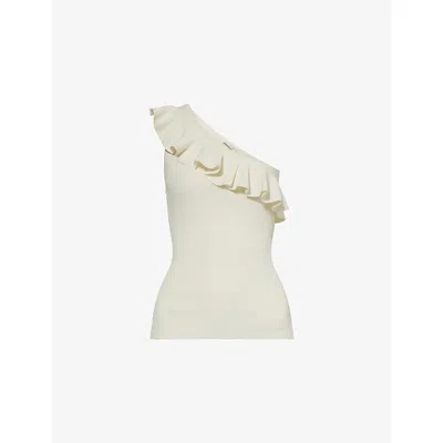 Zimmermann Rhiannon One-shoulder Ruffled Ribbed-knit Top In Parchment