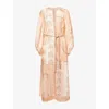 Zimmermann Womens Peach Bandana Lucky Balloon-sleeves Linen Midi Dress Xs