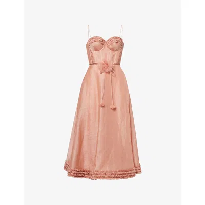 Zimmermann Womens Peony Luna Ruffle Linen-silk Midi Dress Xxs In Pink