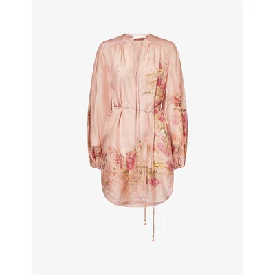 Zimmermann Womens Pink Botanical Floral Cascadian Belted Silk Top