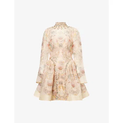 Zimmermann Womens Pink Floral Rebellion Beaded Linen And Silk Mini Dress Xxs