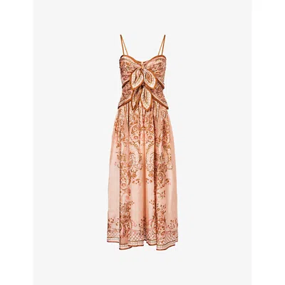 Zimmermann Womens Pink Paisley Floral Aster Scar Silk Midi Dress Xl In Brown