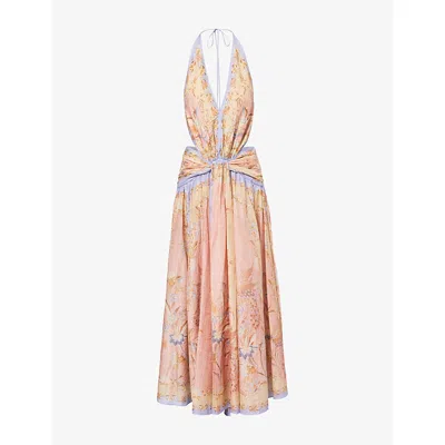 Zimmermann Womens Pink Scarf Floral Indra Printed Halter-neck Silk And Cotton Maxi Dress Xl In Animal Print