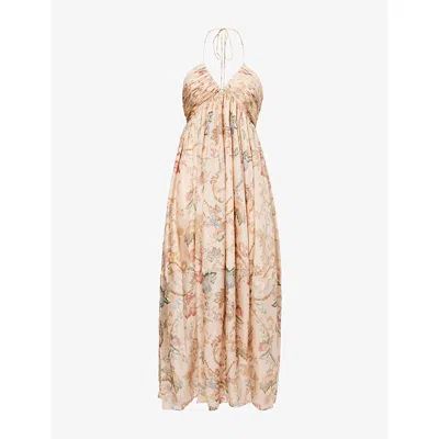 Zimmermann Womens Pink Tapestry Floral Roselight Halter Linen Maxi Dress In Neutral