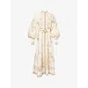 Zimmermann Womens Cream Peony Printed Silk-belt Buttoned Linen Midi Dress Xxs In Neutral