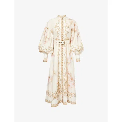 ZIMMERMANN WOMENS CREAM PEONY PRINTED SILK-BELT BUTTONED LINEN MIDI DRESS XXS