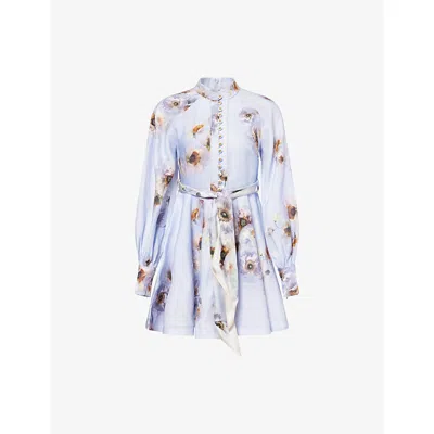 Zimmermann Womens Lilac Poppy Printed Silk-belt Buttoned Linen Mini Dress