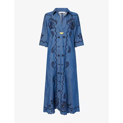 Zimmermann Womens Railway Blue Aster Embroidered Denim Midi Dress Xs