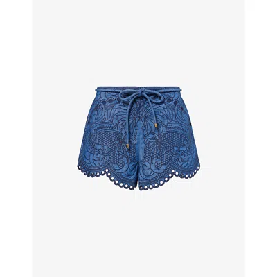 Zimmermann Womens Railway Blue Coco Embroidered Denim Shorts