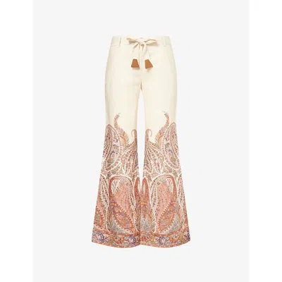 ZIMMERMANN WOMENS CREAM PAISLEY RHIANNON FLARED LINEN TROUSERS XXS