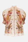 Zimmermann Ascension Embellished Shirred Floral-print Ramie Blouse