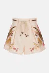 Zimmermann Ascension Belted Bead-embellished Floral-print Linen Shorts In Multi