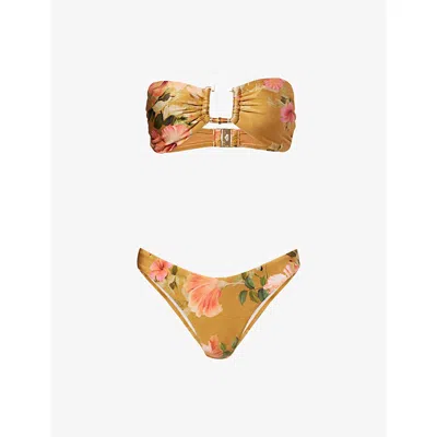 Zimmermann Womens Tan Hibiscus Mahon Bamboo-trim Bikini Set Xs In Orange