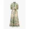 Zimmermann Womens Wanderlust Billow Puffed-short-sleeves Silk Midi Dress Tapestry Teal Multi In Green