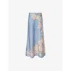 Zimmermann Womens Cascadian Bias Floral Linen Midi Skirt Teal Blue Botanical In Blue