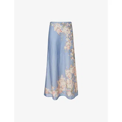 Zimmermann Womens Cascadian Bias Floral Linen Midi Skirt Teal Blue Botanical