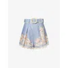 Zimmermann Womens Cascadian Tuck Floral Linen Shorts Teal Blue Botanical In Blue