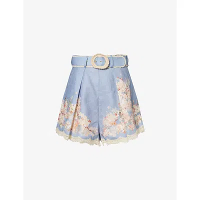 Zimmermann Womens Cascadian Tuck Floral Linen Shorts Teal Blue Botanical